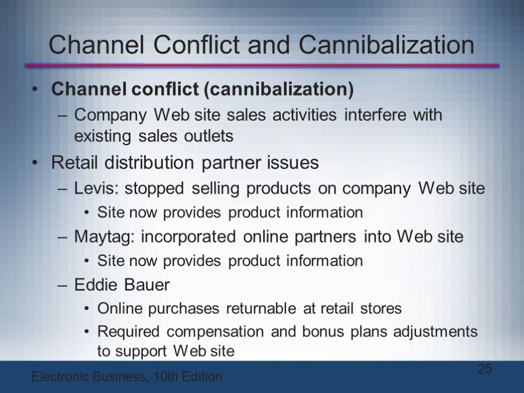 Channel Conflict and Cannibalization Channel conflict (cannibalization) Company Web site sales activities interfere with